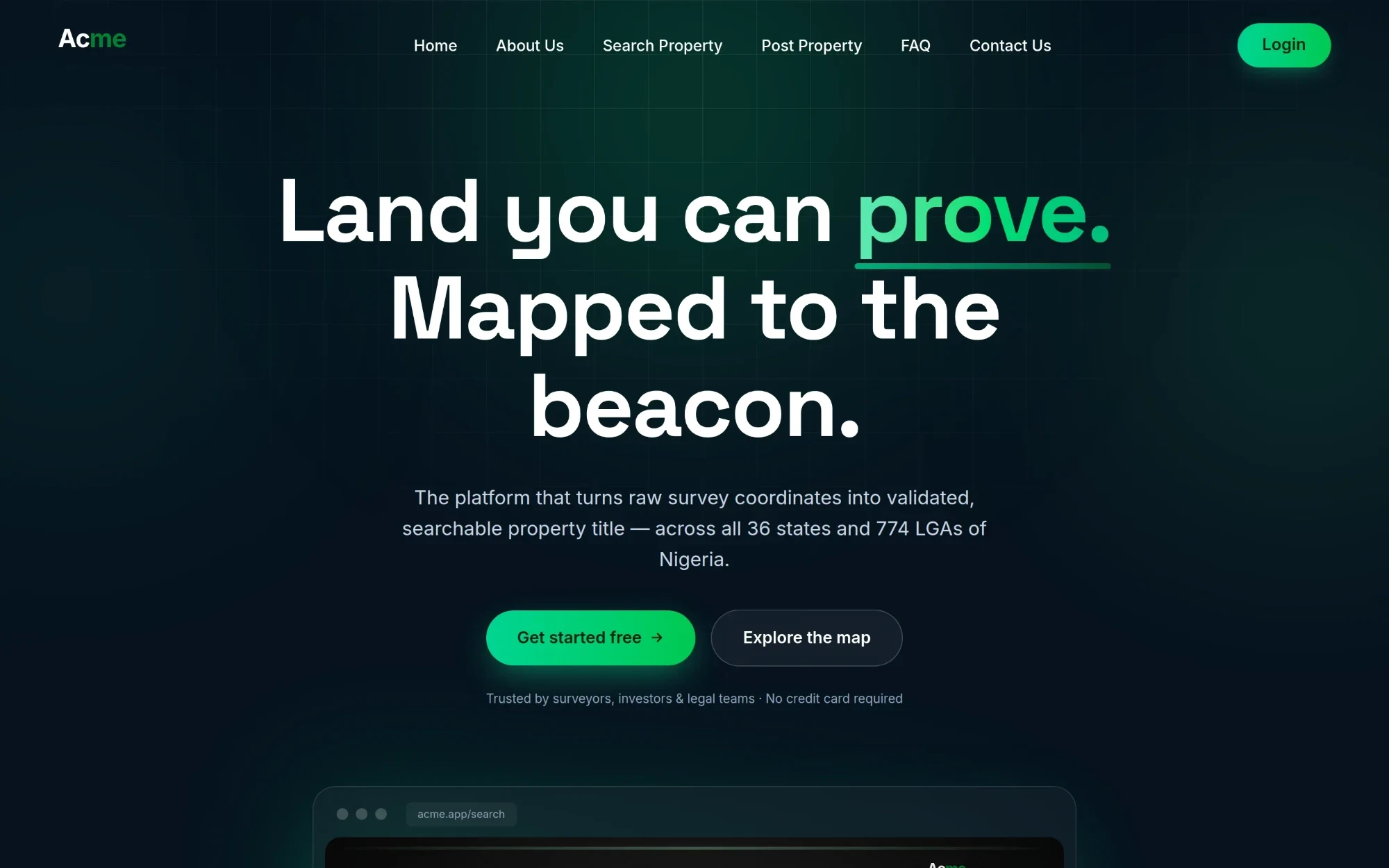 Public landing page: hero, product value props and primary calls to action.
